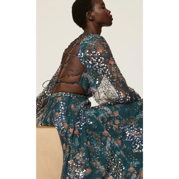 Mac Duggal Teal Floral Bling Cut Out Gown 0 - Picture 5 of 15